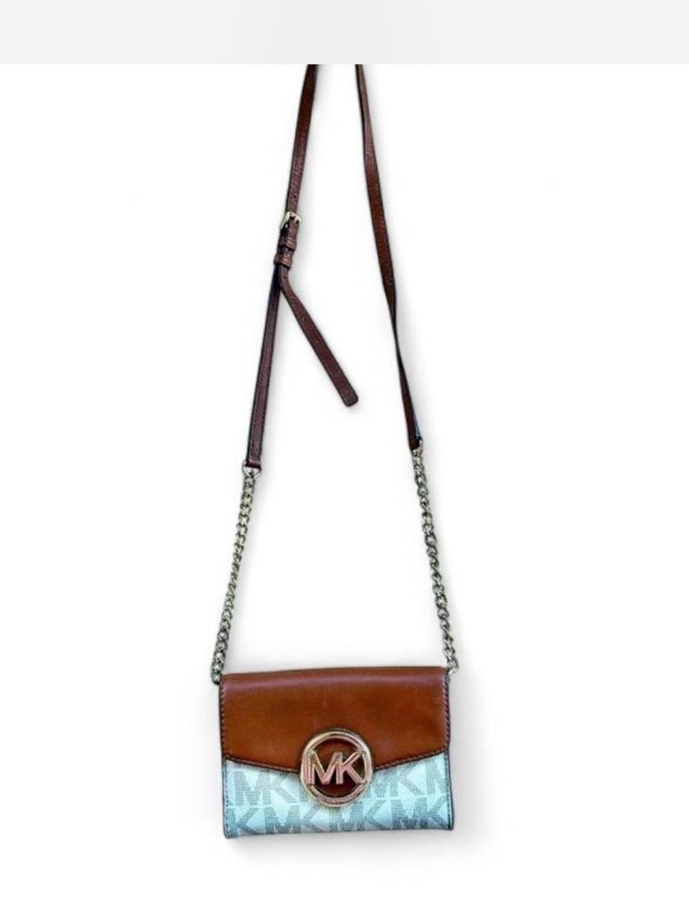Michael Kors Brown and Light Blue Logo Leather Crossbody